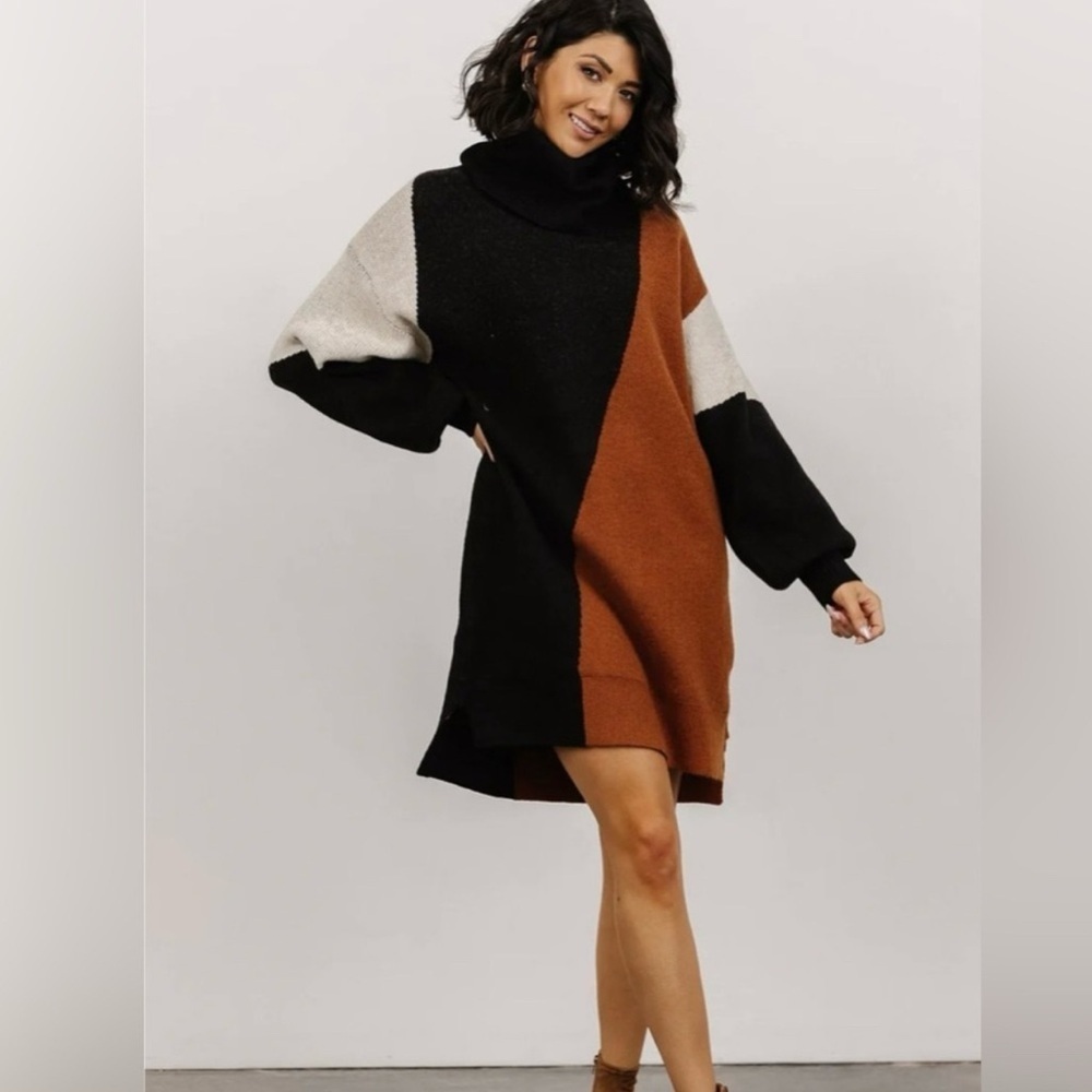 Baltic Born Diego Sweater Dress Turtle Neck Color Block Orange Black White